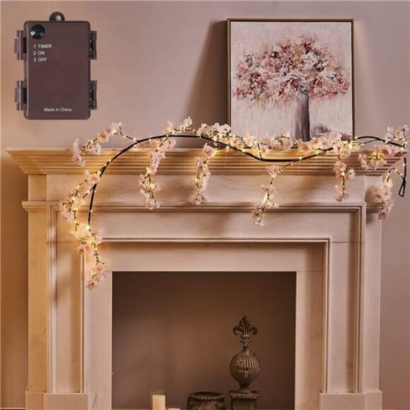 Lighted Garland Spring with Cherry Blossom 96 Fairy Lights 6FT for Mantle - Picture 1 of 8